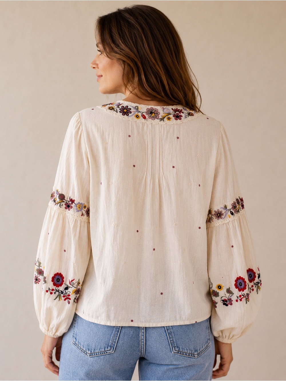 Embroidered V-Neck Balloon Sleeve Top - White with Multicolor Floral Trim - Picture 3 of 8